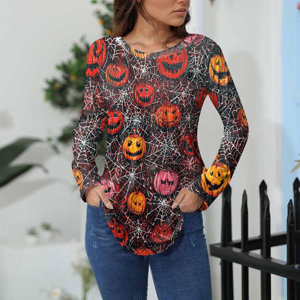 Women's Loose Fit Long Sleeve T-Shirt with Retro Halloween Print, Neck Pullover Top
