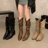 Coarse heel pleated long knight boots women's shoes 2025 new autumn and winter western thin and thin long boots