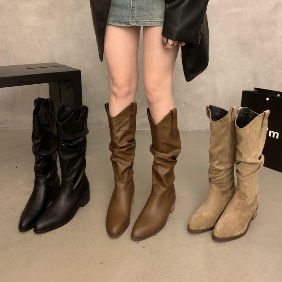 Coarse heel pleated long knight boots women's shoes 2025 new autumn and winter western thin and thin long boots