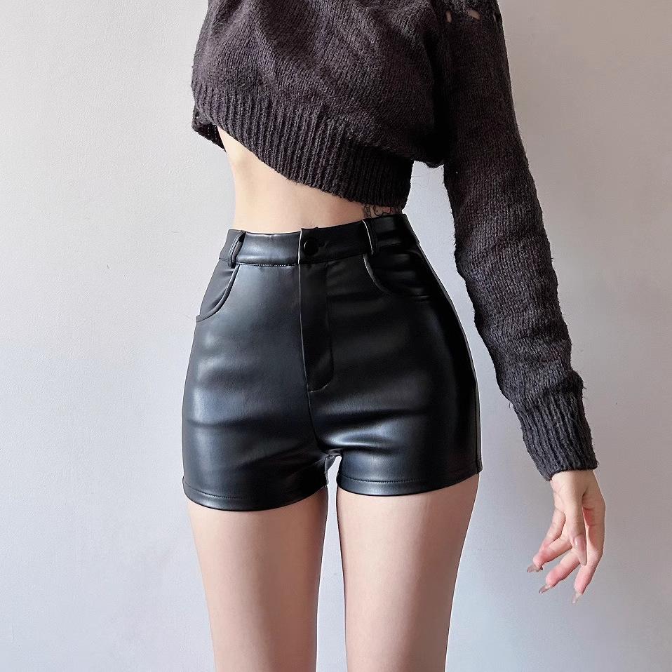 

Leather shorts women s new Spice Girls high-waisted Spice Girls sexy black fashion autumn and winter PU leather leggings S чёрный