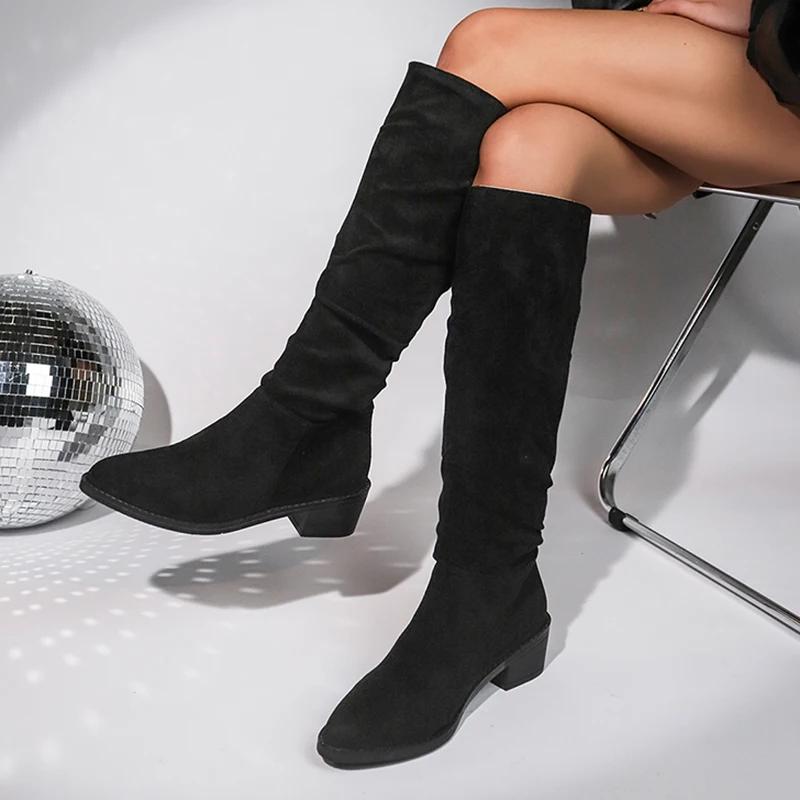 Retro Knee High Western Boots Women  Autumn Faux Suede Thick Heels Long Boots Woman Plus Size 43 Pointed Toe Cowboy Botas 43