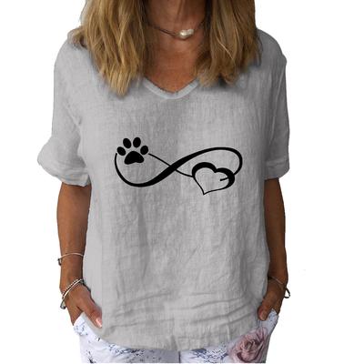 Women Fashion Cotton Linen T-shirt Casual V Collar Short Sleeve Top Ladies Print Tee Shirt