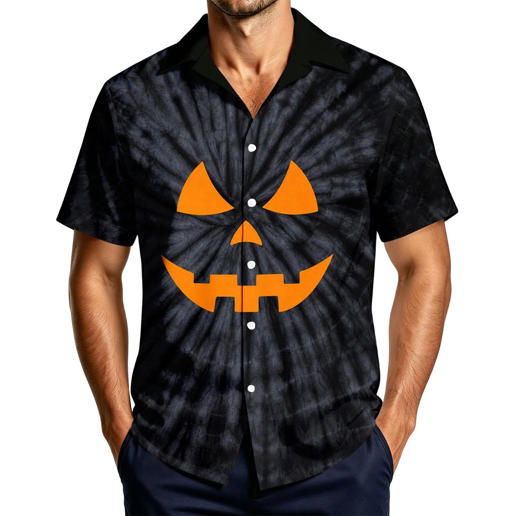 Men's Casual Short Sleeve Halloween Print Button Down Shirt