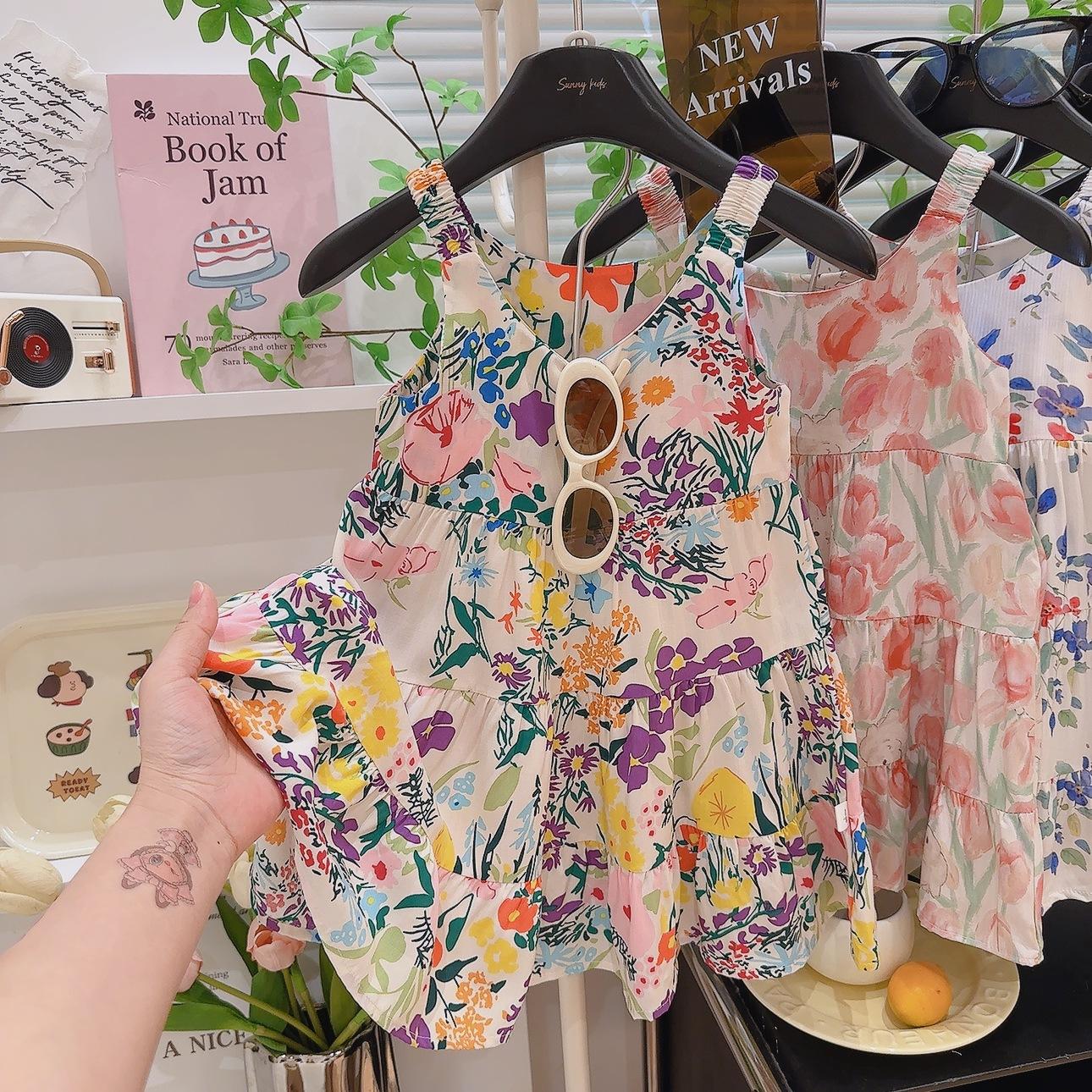 Summer Girls Thin Strap Dress Fashionable Cute Princess Dress for Little and Medium Kids Lightweight Comfortable 110cm