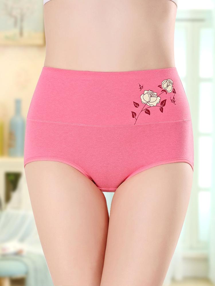 High Waist Tummy Control Women's Cotton Panties - Floral Print, Plus Size, Triangle Design for Hip Lift.