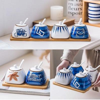 Japanische Gewürzbox, 300ml Flaschen Topf Keramik Chinesisch Antik Gewürz Salz Set Küche Schmalz Pfeffer Topf Ölbehälter Haushalt