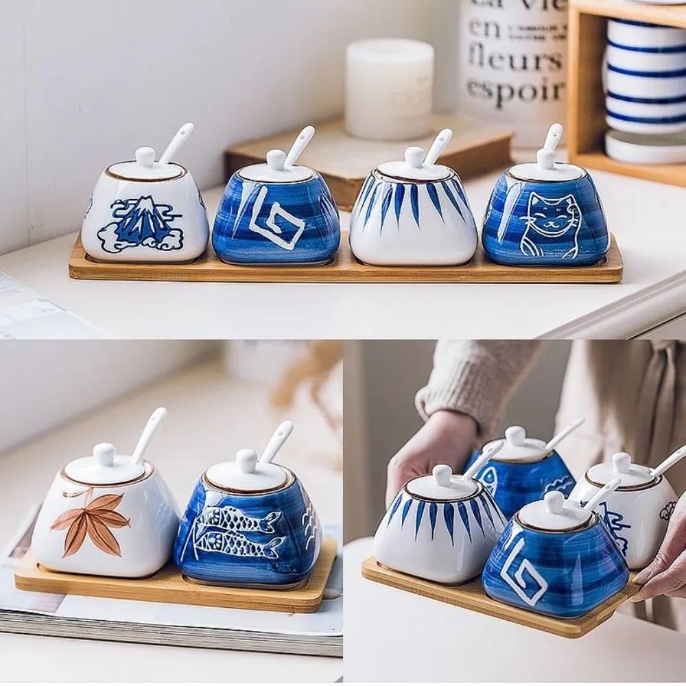 Japanese Seasoning Box, 300ml Bottle Pot Ceramic Chinese Antique Seasoning Salt Set Kitchen Lard Pepper Pot Oil Tank Household