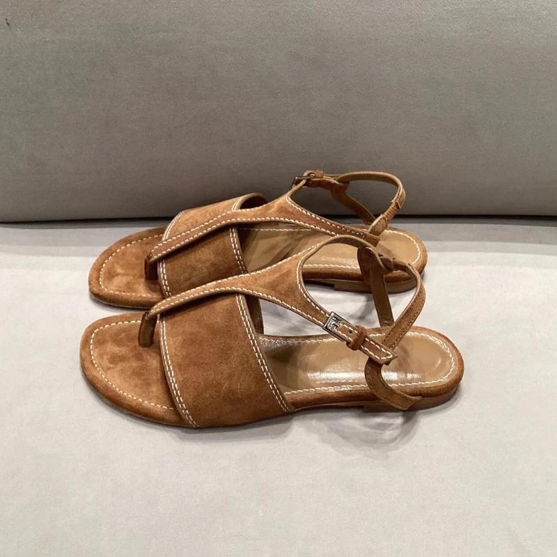 Fashion Faux Suede Clip Toe Flat Sandals Women 2025 Summer Ankle-Wrap Roman Flat Shoes Luxury Metal Buckle Strap Women Slippers