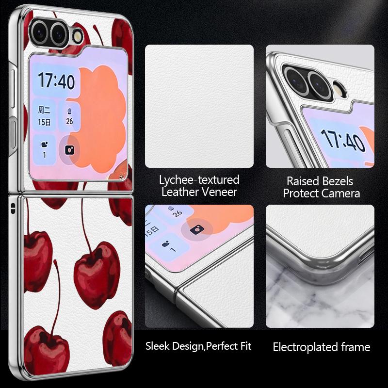 Cherry Fruits Print Case For Samsung Z Flip 8 7 6 5 Luxury Plating Leather Skin Folding Phone Cover For Galaxy Z Flip8 Flip7 Flip6