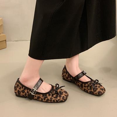 Fashion Women's French Bow Flat Mary Jane Shoes Fashion Leopard Print Square Toe Ladies Comfort Soft Sole Single Shoes Zapatos De Mujer