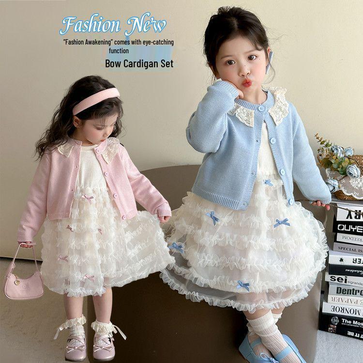 Girls' Spring & Autumn Cardigan Princess Dress Set 2025 - Sweet Two-Piece Outfit for Kids