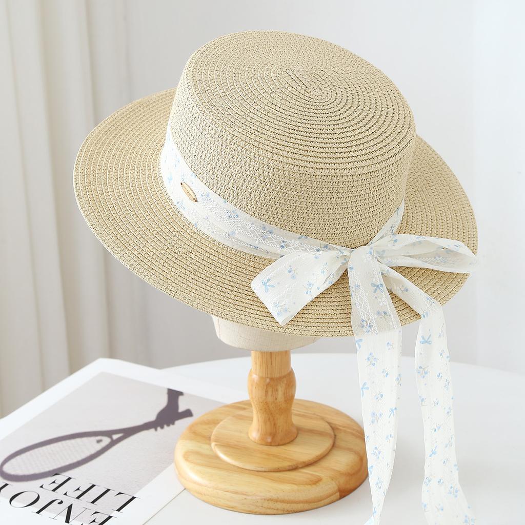 Top Hat Flat Top Straw Hat Women's Premium Printed Ribbon Straw Hat, Sun Protection Hat Straw Hat Seaside Beach Hat