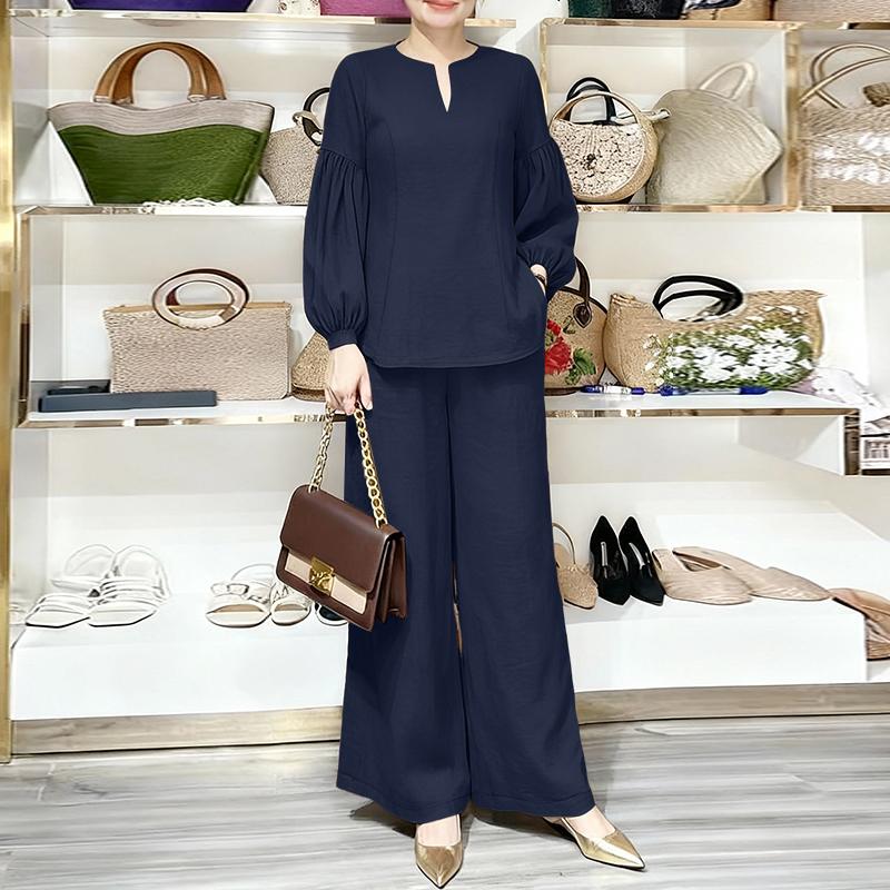 

Жіноча блуза з довгим рукавом і брюки ZANZEA повсякденного костюма з двох предметів 5XL Темно-синій