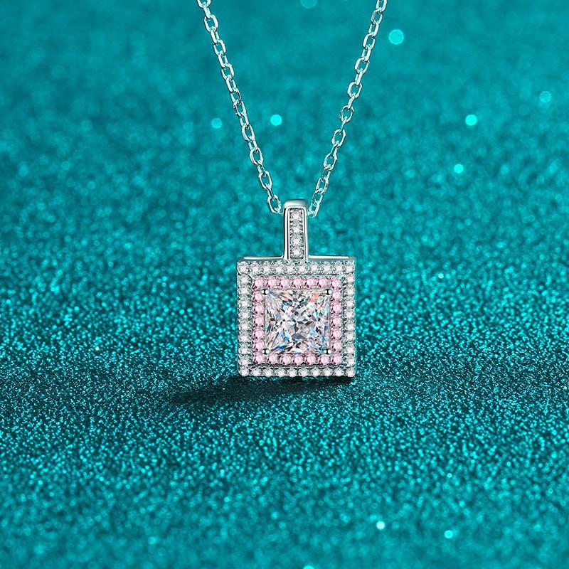 Geometric Square Moissanite Pendant Necklace Women Sterling Rose Gold Plated Locket Chain 925 Sterling Silver