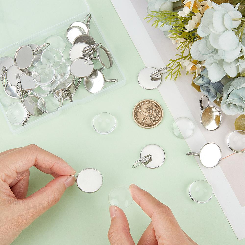 20Pcs 304 Stainless Steel Leverback Earring Findings with Flat Round Setting with 20Pcs Transparent Glass Cabochons Stainless Steel Color Tray: 20mm