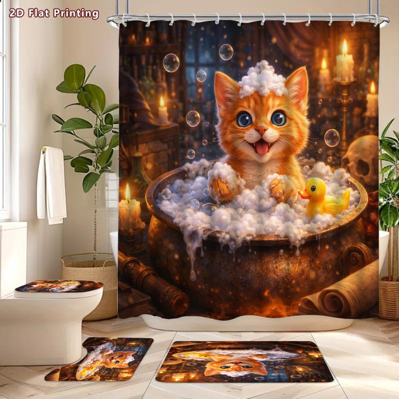 4Pcs Shower Curtain Set with Non-Slip Bath Mat, Toilet Lid Cover, Contour Rug & 12 Hooks, Bathroom Decor
