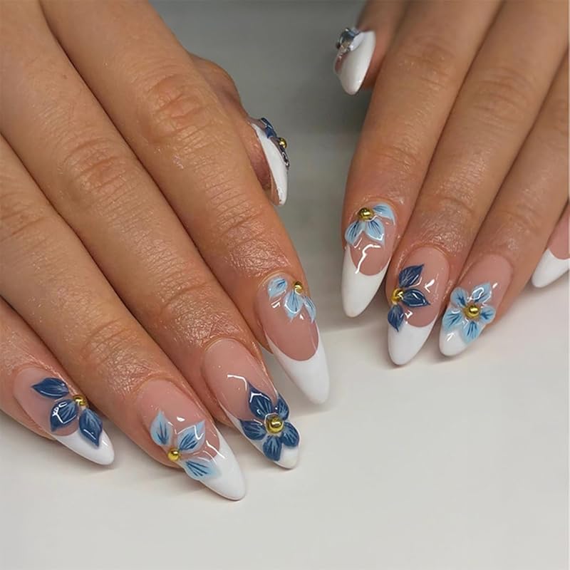 30 Pcs Orange Press on Nails Short Almond, YIHONGYAN Spring Reusable Fake Nails with 3D Flowers Gilded Design Acrylic Nail Kit Glue on Nails Full
