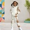 Girls Cream White Plaid Patchwork Printed Hooded Long Sleeve Kangaroo Pocket Cuffed Pants Two Piece Set