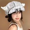 Japanese Cherry Plaid Patch Turned Brim Beret Children Spring and Summer Sweet Versatile Face Small Cloud Hat