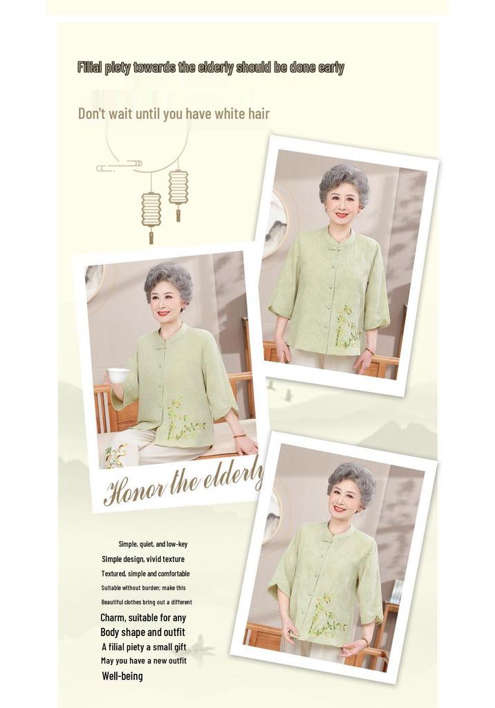 Women's Summer Cotton-Linen Set: 3/4 Sleeve Top & Two-Piece Outfit for Middle-Aged & Elderly