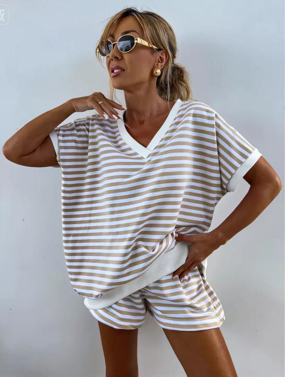 Women's Summer Striped V-Neck Two-Piece Set: Casual Loose Top & Sports Shorts