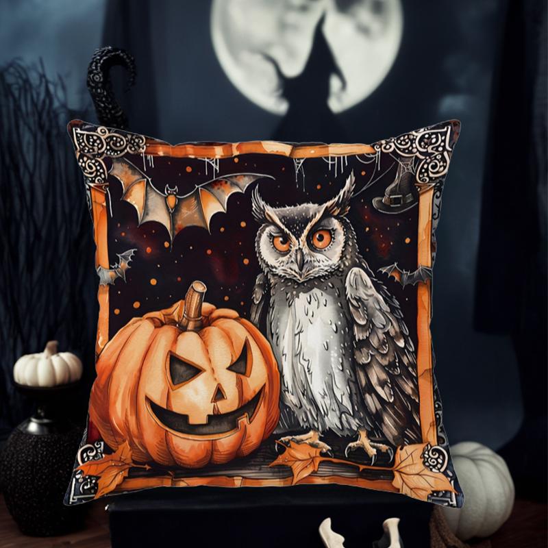 

1pc witches Halloween decoration Pillow Cover, room decor, home decor 18*18inch, invisible zipper, owls, bats pattern, Halloween 18x18Inch