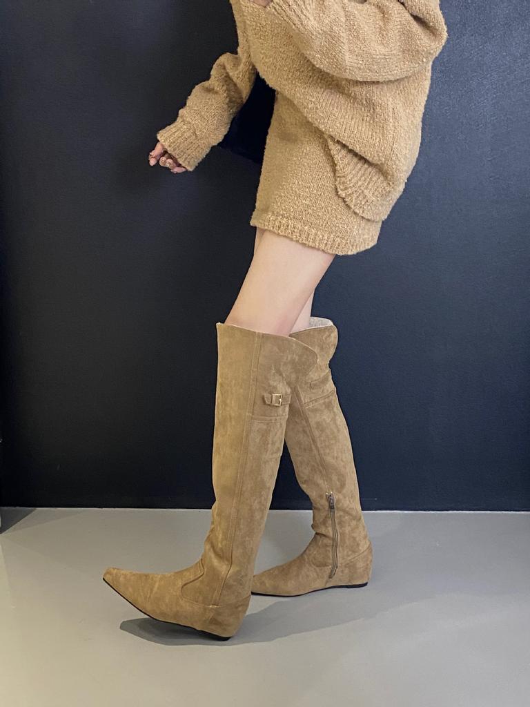 2025 Autumn and Winter New Tall Tube Thin Inner Slope Heel Lamb Wool Warm Snow Boots Knight Women's Boots