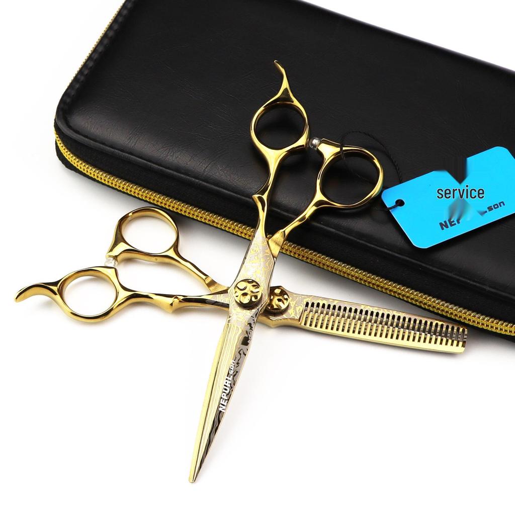 MCG-15 Gold Damascus Hairdressing Scissors Set: Straight, Serrated, Thinning Shears for Salon.