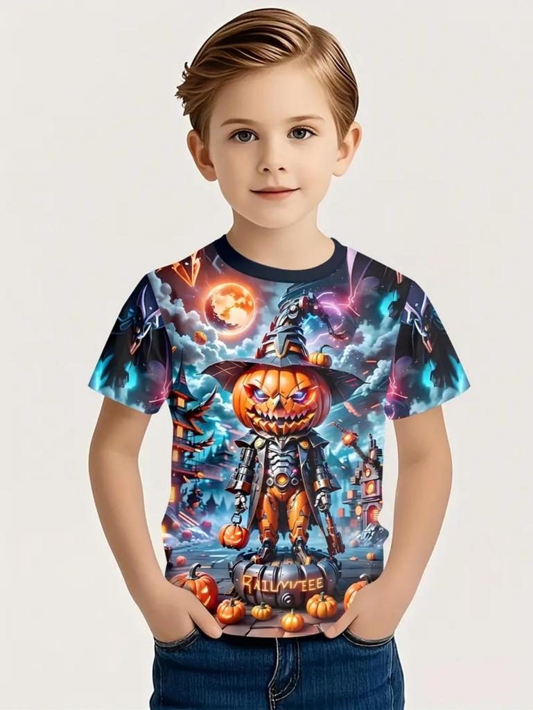Halloween Boy's T-Shirt Pumpkin Pattern Summer Short Sleeves Skull Fashion Print Kids Tops 2-10y Party Gift Children's Clothing