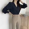 Spring Simple Women's Chiffon Shirt Solid Color Temperament Label Collar Long Sleeved Top