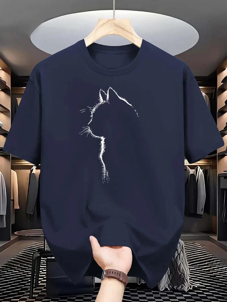 2026 Men Cute Pet Side Profile Printed Cotton TShirt Street Style Trendy Cat Face Loose Fit Short Sleeve Comfortable Casual Top