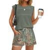 Women’s Sleeveless Top with Pleated Detail and Drawstring Waist Floral Print Shorts Two Piece Set Outfit