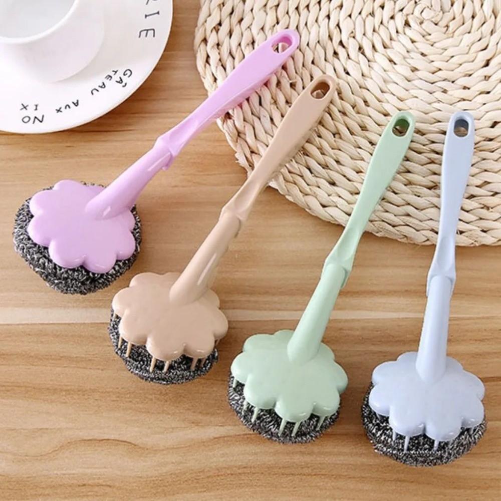 New Long Handle Cleaning Ball Oil Removal Non-stick Oil Steel Wire Ball Brush Multi-function Pot Washing Brush Kitchen Accessory