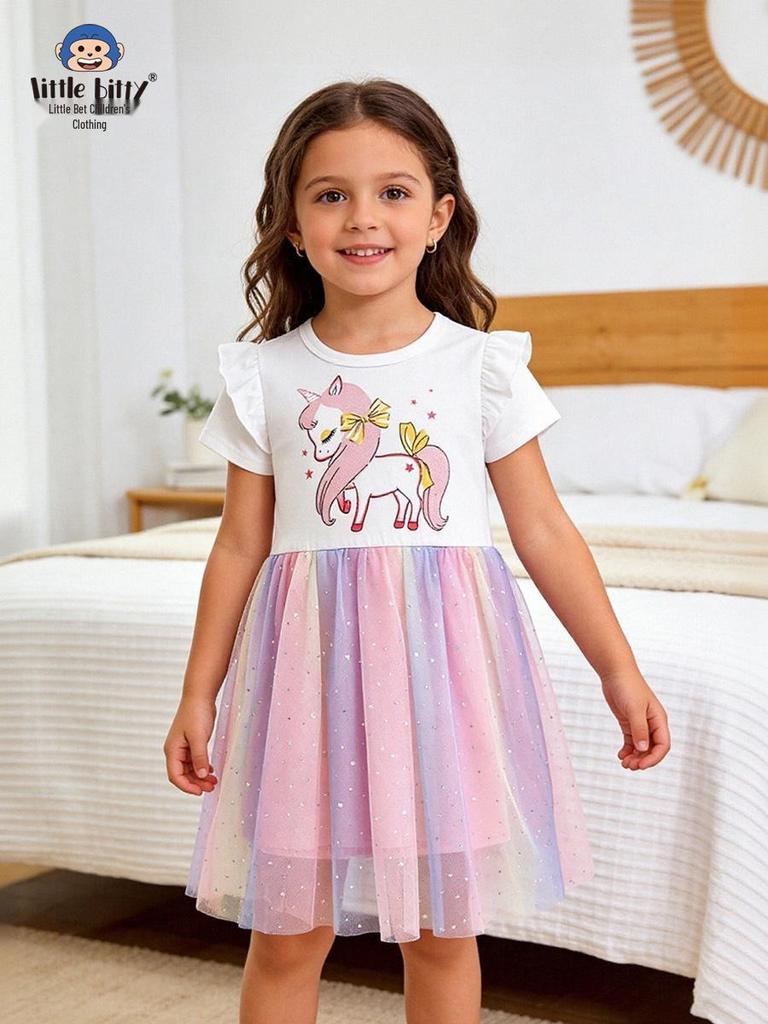 Rainbow Unicorn Print Kids' Mesh Dress - Short Sleeve, Spring/Summer