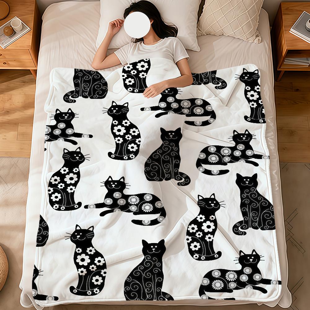 Modern Black Cat Polka Dots Cute Abstract Fashion Soft Warm Plush Blanket Dorm Sofa Living Room Hogar Bedroom Gift Home Flannel