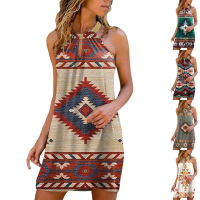 Women's Fashion Summer Printed Strapless Hanging Neck Sleeveless Dress