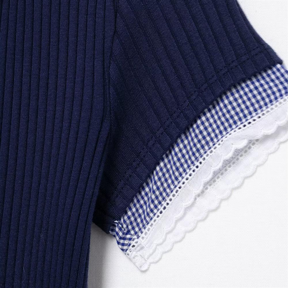 2025 Women's Slim Fit Patchwork Turn-Down Collar Short-Sleeve T-Shirt