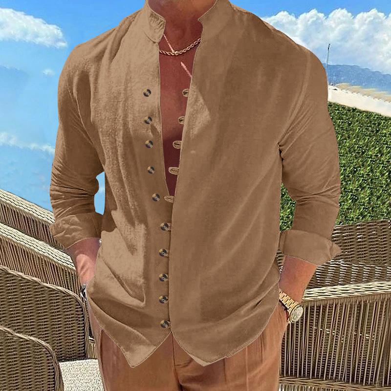 New Buckle-down Men's Retro Linen Casual Loose Long-sleeved Shirt