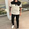 Men's Waffle Knit Color Block Patchwork Set with Turn-Down Collar and Chest Pocket