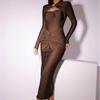 Hollow Out Long Sleeve Sexy Maxi Dress For Women Gown Autumn Spring New Metal Buckle Ruched Slit Long Dress Elegant