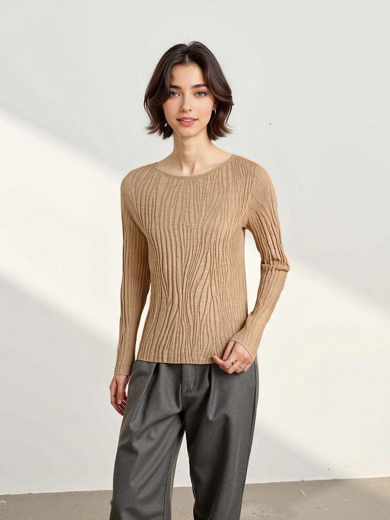 Wave Rhyme Gauze Women's Slim Fit Low Round Neck Wool Knit Shirt