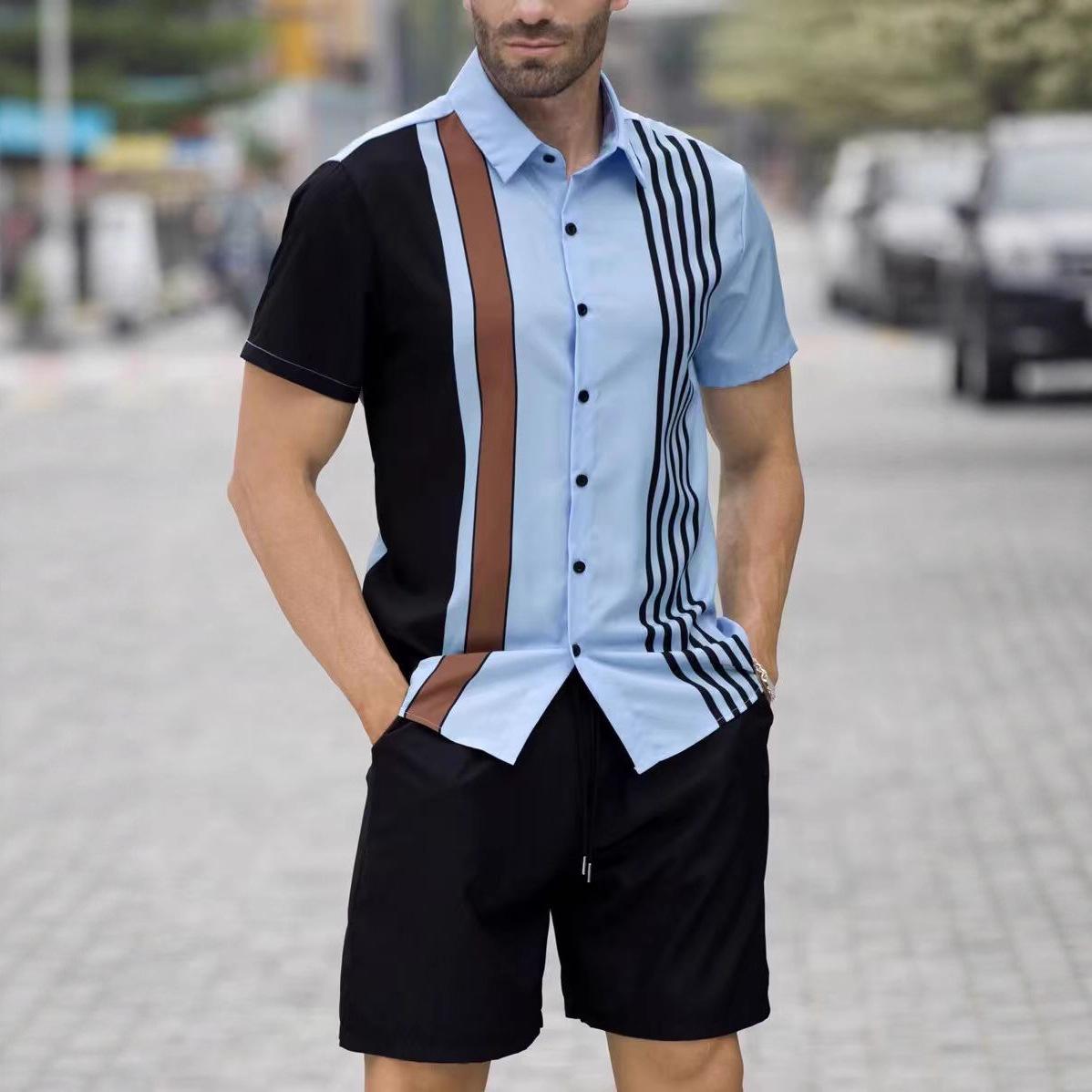 

Летняя мужская рубашка с коротким рукавом на пуговицах с 3D принтом в полоску 3XL