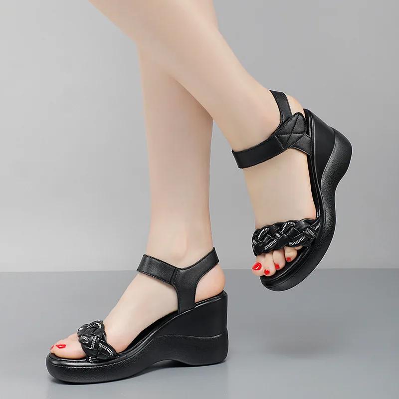 9cm Small Size 33-43 All Match Rhinestone Soft Leather Sandals Platform Shoes 2025 Summer High Heels Wedges Sandals Office Mom