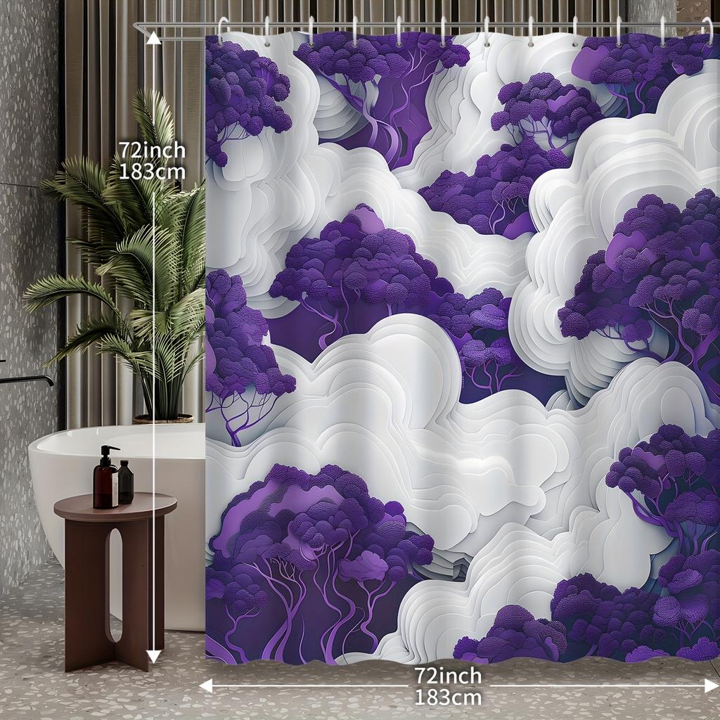 1pc 3D White Clouds and Dreamy Purple Trees Shower Curtain, Decorative Printed Bath Curtain with 12 Hooks, Bathroom Accessory