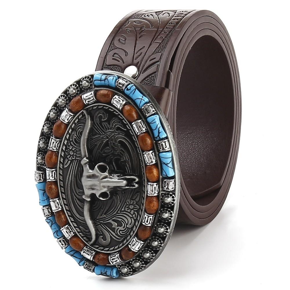 Carved Western Cowboy Belt Cow Head Buckle Embossed Belt Luxury Waistband  For Man Women