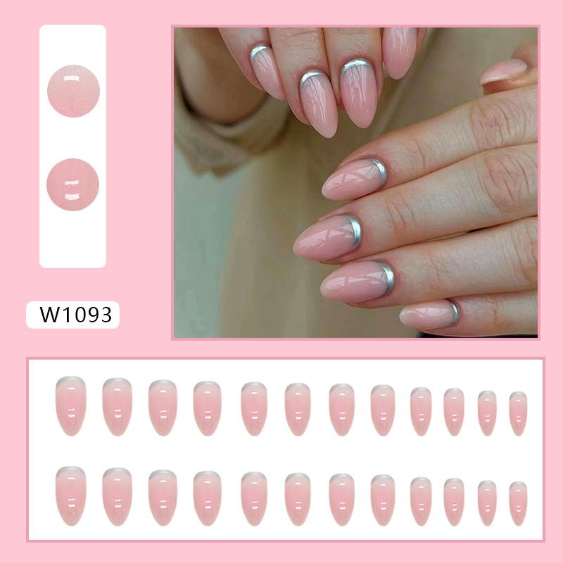 

Round head almond nail ice through gentle pink temperament white light luxury fake nails ins wind nail art