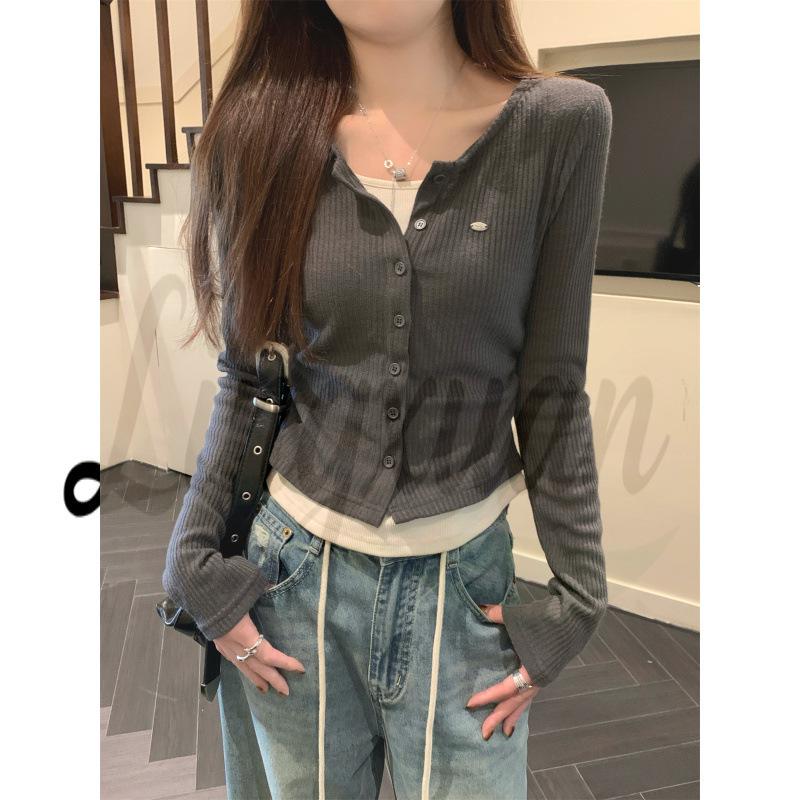 

Spring Korean Style Color-Block Slim-Fit Ruched Long-Sleeve T-Shirt Large серый
