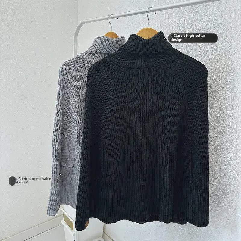 Women's Thick Solid Color High Collar Sleeveless Knitted Cape Shawl