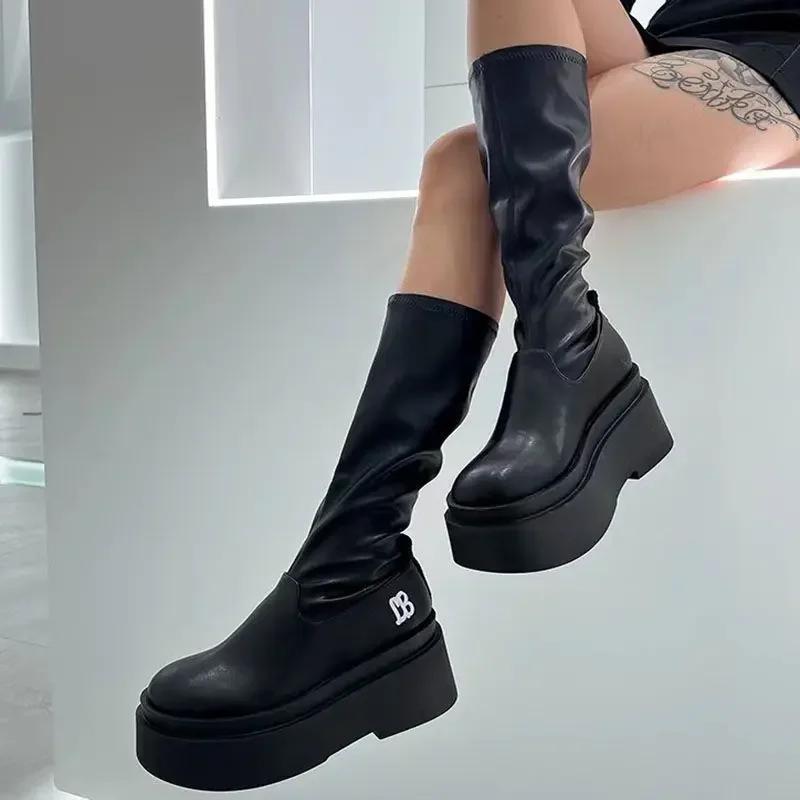 Fashion Trend 2024 Platform Long Boots for Women Round Toe Pu Quality Demi-season Spring Autumn Knee High Shaft Shoes Woman Work Hot Y2k