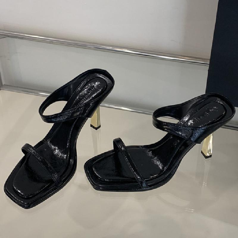 

High Quality Soft Leather Slide Sandals Women Sexy Square Toe Peep Toe Thin High Heels Comfortable Elegant Women s Slippers 40 чёрный